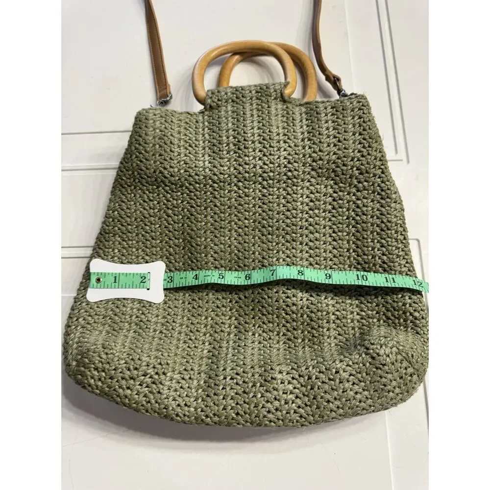 Fossil Green Weave Crochet Wooden Handles Hobo Bag Purse Woven Crossbody Strap